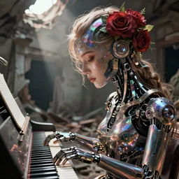 robot playing piano in ruins, female face, cyberpunk cyborg. roses, sci - fi, intricate abstract upper body intricate artwork, by tooth wu, wlop, beeple, dan mumford. concept art, octane render, deviantart, greg rutkowski, cinematic arthouse, key art, wong kar wai, style, hyper realism, iridescent accents