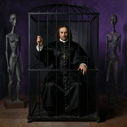 Misterious portrait of Pope Innocent X in a cage in penumbra by Velasquez painting by Pablo Picasso and Chaïm Soutine and Alberto Giacometti and Francisco Goya, black and purple