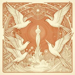 excited birds life fantasycore landscape, precise and intricate linework, art nouveau cosmic 4 k detailed matte illustration featured on cgsociety, cgsociety, ivory and firebrick color scheme, pastiche by maurice esteve, pastiche by peter wells