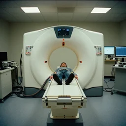 A film still of a man floating in the center of an open and exposed MRI machine, hundreds of cables are connecting the man to the machine, the room is filled with computer equipment, cables and screens. Wide shot, low key, film grain, chromatic fringe —width 1024 —height 512