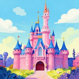 a drawing of a pink and blue castle, a storybook illustration by dr seuss, tumblr, psychedelic art, concept art, storybook illustration, whimsical