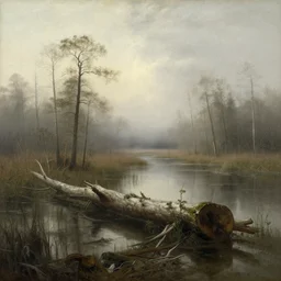 log causeway, dangerous swamp, foggy, hudson river school painting, naturalism