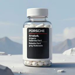 concept art of white dietary supplement designed by porsche in a transparent bottle with big black sticker on it, by aenaluck, artgerm and roberto ferri and greg rutkowski, light blue and white tones, digital painting, artstation, concept art, smooth, sharp foccus ilustration hq