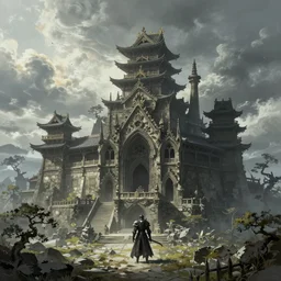 landscape art of gothic asian castle japan, irithyll dark souls, heavensward from final fantasy 1 4, trending on artstation, high quality