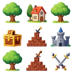 Nine separated  props contaning trees, houses, box, treasures, bricks, castle, swords, and magic weapons from a game asset concept  by Jen Zee, Rossdraws, James Jean, Andrei Riabovitchev, 2d side scrolling game , and Sakimichan, trending on artstation , assets