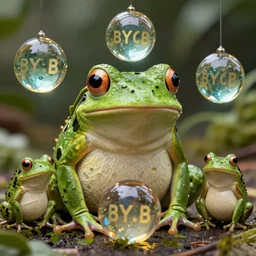 The Wednesday frog and all his orbs hanging out, high quality render, realistic reflections, reflective surfaces, natural lighting, the orbs of BYOB, The Wednesday Frog, background details, highly a detailed, hyper realistic