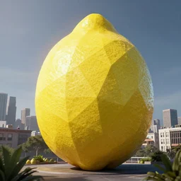 giant polygon lemon towering over san francisco, dslr, 8 k, octane beautifully detailed render, cold lighting, cinematic lighting, detailed photo, masterpiece, volumetric lighting, ultra realistic, highly detailed, high quality, lossless, photorealistic