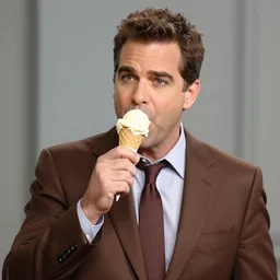 Andy Richter is wearing a chocolate brown suit and necktie, eating an ice cream cone.