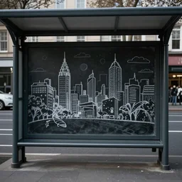 dark city bus stop, chalk on blackboard drawing,very detailed,ArtStation