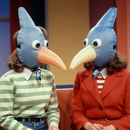 1982 twin women on tv talk show wearing an inflatable mask_long prosthetic snout nose with googly eyes soft color wearing stripes 1982 color film archival footage 16mm John Waters Russ Meyer Almodovar Doris Wishman