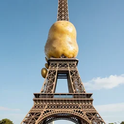 a giant potato stuck on the top of the eiffel tower. photographic, photography