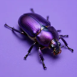 realistic photo of a giant purple purple beetle coming out of a purple side
