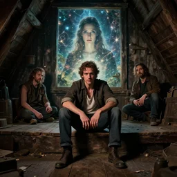 portrait, lid sitting in an old attic infront of a magic Image, dramatic lighting, cinematic, establishing shot, extremly high detail, photo realistic, cinematic lighting, post processed, concept art, artstation, matte painting, style by eddie mendoza, raphael lacoste, alex ross