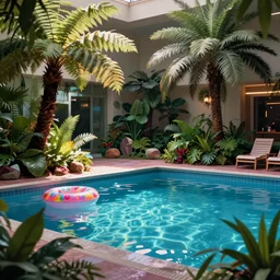 indoor pool with ferns and palm trees, pool tubes, chromatic abberation, dramatic lighting, depth of field, 80s photo