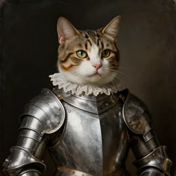 renaissance portrait painting of a cat in a suit of armor, artstation, highly detailed