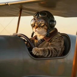 cat piloting a ww 2 bi - plane wearing a vintage pilot helmet, painted by rembrandt, intricate, detailed, atmospheric lighting, golden hour.