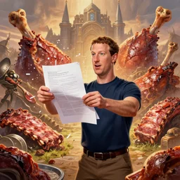 mark zuckerberg shredding documents in front of an epic meaty landscape of ribs and turkey legs, warhammer 4 0 k artwork