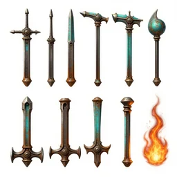 concept art game asset sheet of weapons. by ( rembrandt painting ( 1 0 0 ) ( fractal flame ) ), highly detailded, turquoise rust