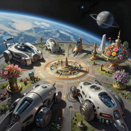 An epic fantastic realism comic book style painting of the space planet environment with futuristic vehicles, exquisite bouquets from an future culture, fisheye, unreal 5, DAZ, hyperrealistic, octane render, dynamic lighting