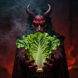 Closeup of Satan offering you the devil\'s lettuce, moody lighting, creepy, smoke in the air, dark shadows, fiery, ominous, 4k, DSLR photo