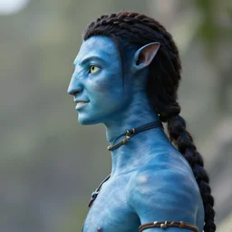 side view of a na - avi man from avatar looking sideways with [ blue skin ] and elegant smiling chiseled jaw, blue skin, elf ears, a singular long blue braided ponytail flowing with the wind, blue hair is cropped on the sides of the ears, skin is blue, [ white ] [ background ], 8 k, 8 5 mm f 1. 8
