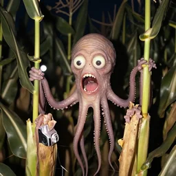 slimy tentacled screaming creature photographed outside at night in the corn with a flash camera