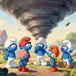“a community of smurfs inside a tornado. Cartoon like. High definition.”