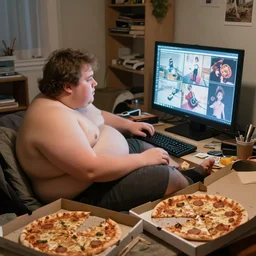 dribbling fat lazy human staring at ai images on a computer screen with half eaten pizzas in boxes littered around in a very untidy house