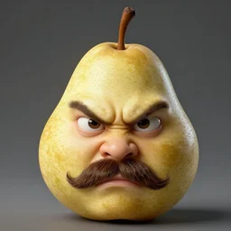 a stunning professional photo of an angry pear with a mustache, ultra detail, hyperrealistic, beautiful, national geographic quality