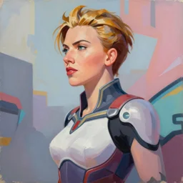 greg manchess portrait painting of scarlett johansson as zarya from overwatch, medium shot, asymmetrical, profile picture, organic painting, sunny day, matte painting, bold shapes, hard edges, street art, trending on artstation, by huang guangjian and gil elvgren and sachin teng