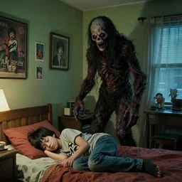 hyperrealistic cinestill of creepy monster entity creature standing beside sleeping teenager, teenager bedroom decoration, designed by guillermo del toro, michael hutter, kentaro miura, junji ito, gantz, hideo kojima, weirdly inside toronto apartment. colorized. scp historical archives. david lynchian atmosphere. deep aesthetics of weirdcore