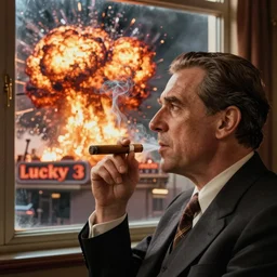 mr. house, realistic, highly detailed face, looks at the big explosion, nuclear fungus, explosion, from the window of the lucky 3 8 casino, man smokes a cigar,! holding in his hand!, arm, cigarette advertising, hyperdetailed, artstation trending, ultra hd, artstation, photorealism, ultrarealistic, retro, 4 5 mm, elegant,