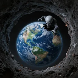 photorealistic art of a lovecraftian horror reaching through a blackhole to eat the earth