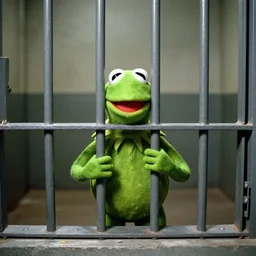 Kermit the frog being arrested, AP photo, historical, 1989, behind bars, prison, jail, jailed, jail cell, solitary confinement, criminal, crime