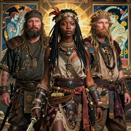 detailed ultrarealistic photography of cyberpunk rustic robust medieval hippie warrior japanese african girl, brom, craig mullins, vallejo, moebius, ian miller, mucha cinematic, full shot