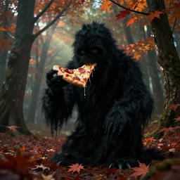 ominous fuzzy pitch black shadow monster eating pizza in a maple tree forest, uncanny, vhs, creepypasta, octane render, ray - tracing, godrays, 6 k