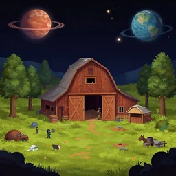 inside a farm barn, on a remote planet, from a space themed point and click 2 d graphic adventure game, set design inspired slightly by hg giger and tomb raider, art inspired by thomas kinkade