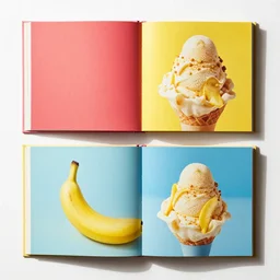 flatlay book collection, vivid colors, dramatic lighting, banana split