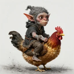 a goblin riding a chicken, painted by brian froud, highly detailed, desaturated colors, 8 k, high quality, goblincore, folklore