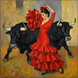 highly detailed painting of flamenco dancer wearing a red dress embracing a bull by tamara de lempicka