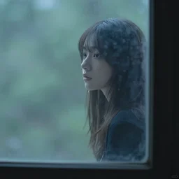 photo of a young woman looking out of a window. ghost