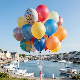 photo of a lot of birthday balloons floating above a beautiful maritime port in bretagne. sharp focus, highly - detailed, award - winning