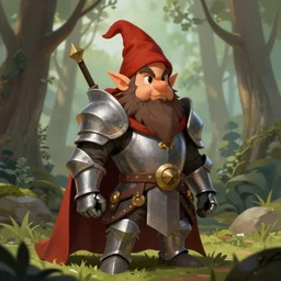 gnome knight in a forest, digital painting, trending on artstation, concept art, sharp focus, illustration, award winning photograph, art by artgerm, greg rutkowski, and magali villeneuve