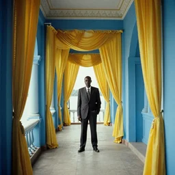 movie still by djibril diop mambety of a blue neoclassical interior corridor with yellow drapery finishing on a lake, cinestill 8 0 0 t 3 5 mm, heavy grain, high quality, high detail, isometric view