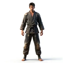battle-worn martial artist in gi, detailed 3d character render, full body, standing, isolated on a pure white background, centered, whole figure in frame, sharp focus, studio lighting