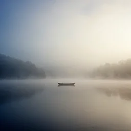 landscape with boat on a lake, surrealism, beautiful light, HDR, hazy, foggy, atmospheric perspective, volumetric fog, cinematic, 70mm lens, anamorphic lens flare, photographic, cinematography by roger deakins, in the style of ansel adams, low details,
