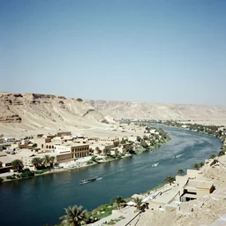 a wide and ancient Egyptian valley along the nile river, 35mm photography