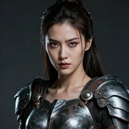 a close up portrait of a menacing, beautiful, iron - clad female warrior by christophe young