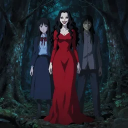 makoto shinkai, yoji shinkawa, ilya kuvshinov, rumiko takahashi, full body, pretty woman vampire, sharp teeth, evil smile, red dress, symmetrical eyes, symmetrical face, long curly black hair, trees, forest, branches, cinematic lighting, night, scary, blood