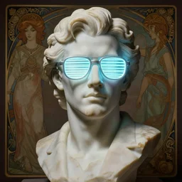 a detailed marble bust sculpture of jensen ackles wearing glowing neon shuttered 1 9 8 0 s glasses, vaporwave style masterpiece, 8 k, art by greg rutkowski and albert bierstadt and arthur rackham and alphones mucha